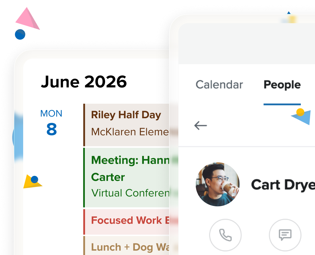 The Fastmail calendar and contacts apps side by side, showing a shared calendar and a contact card