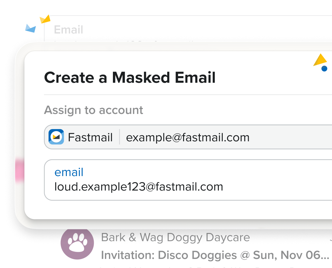 The Fastmail Masked Email screen, listing generated addresses alongside the site each one was created for