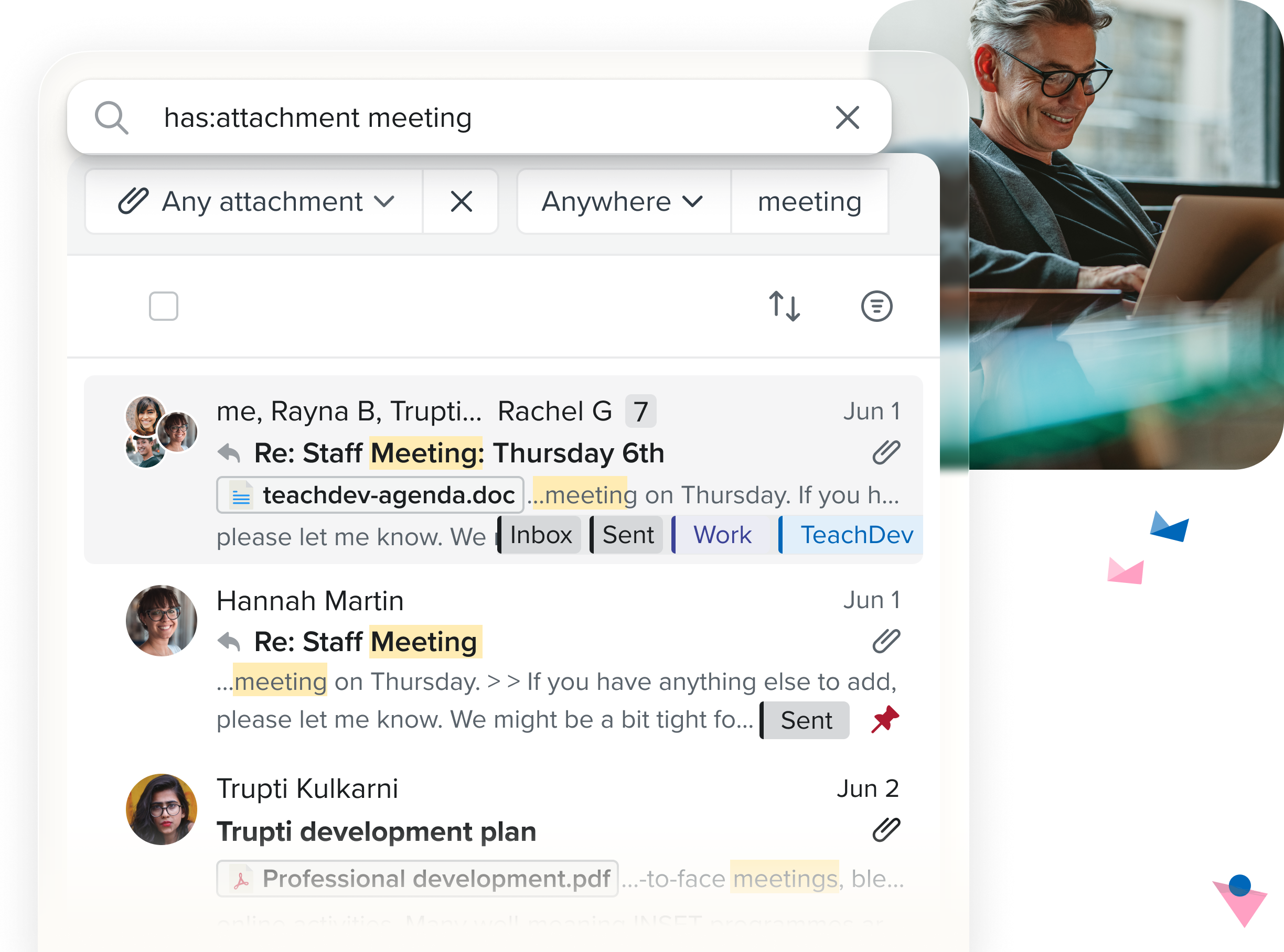 Fastmail search results for a term found inside a PDF attachment, with the matching message and attachment listed together