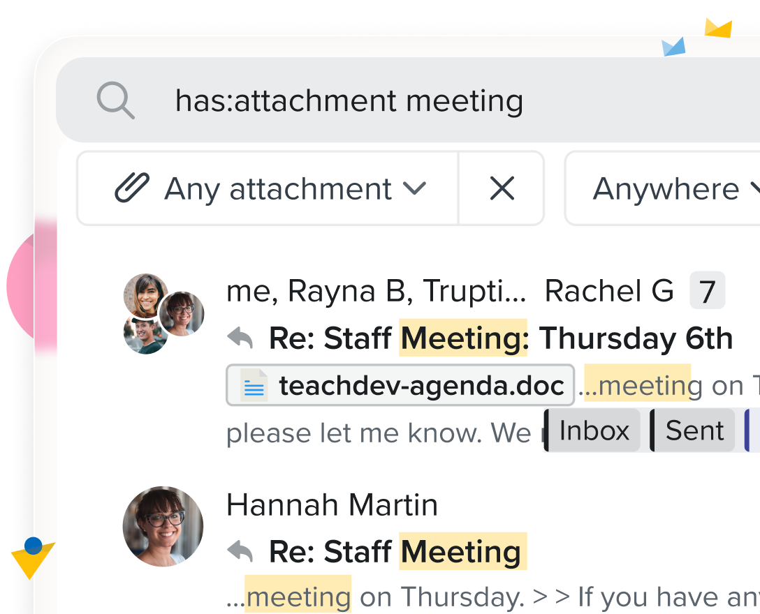 Fastmail search results for a term found inside a PDF attachment, with the matching message and attachment listed together